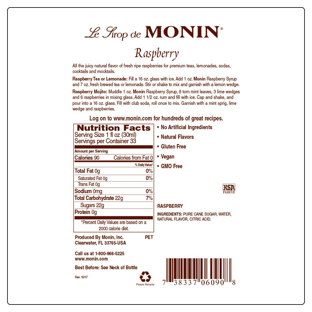 Monin Raspberry Tea Syrup – Box Of 6 Pcs – 1 ltr